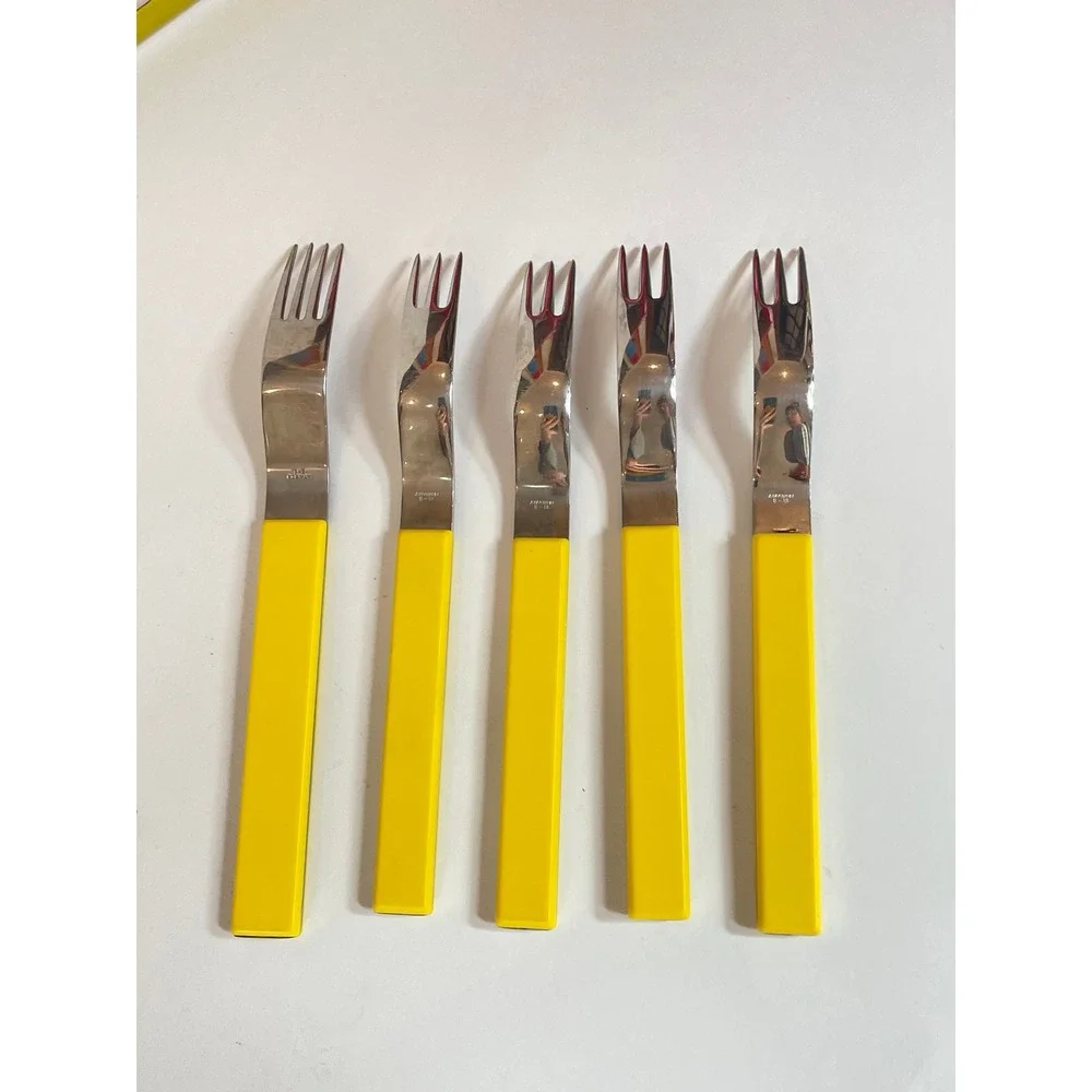 RARE Vintage Norway 18-8‎ Stainless Steel Appetizer Forks Yellow MCM Set of 5